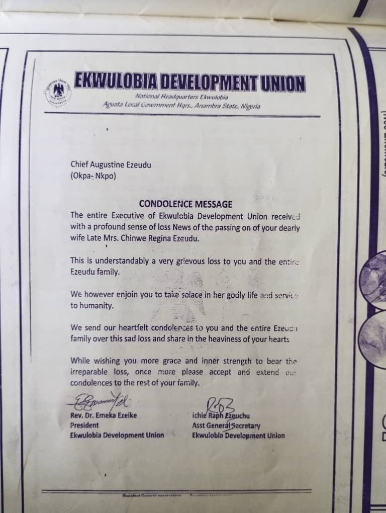 Official Condolence Message from Ekwulobia Development Union