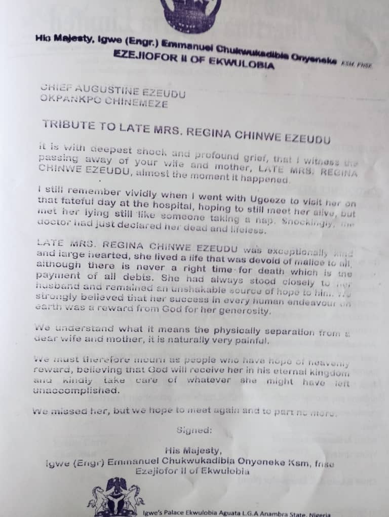 Royal Condolence from HRM Igwe Ezejiofor II of Ekwulobia
