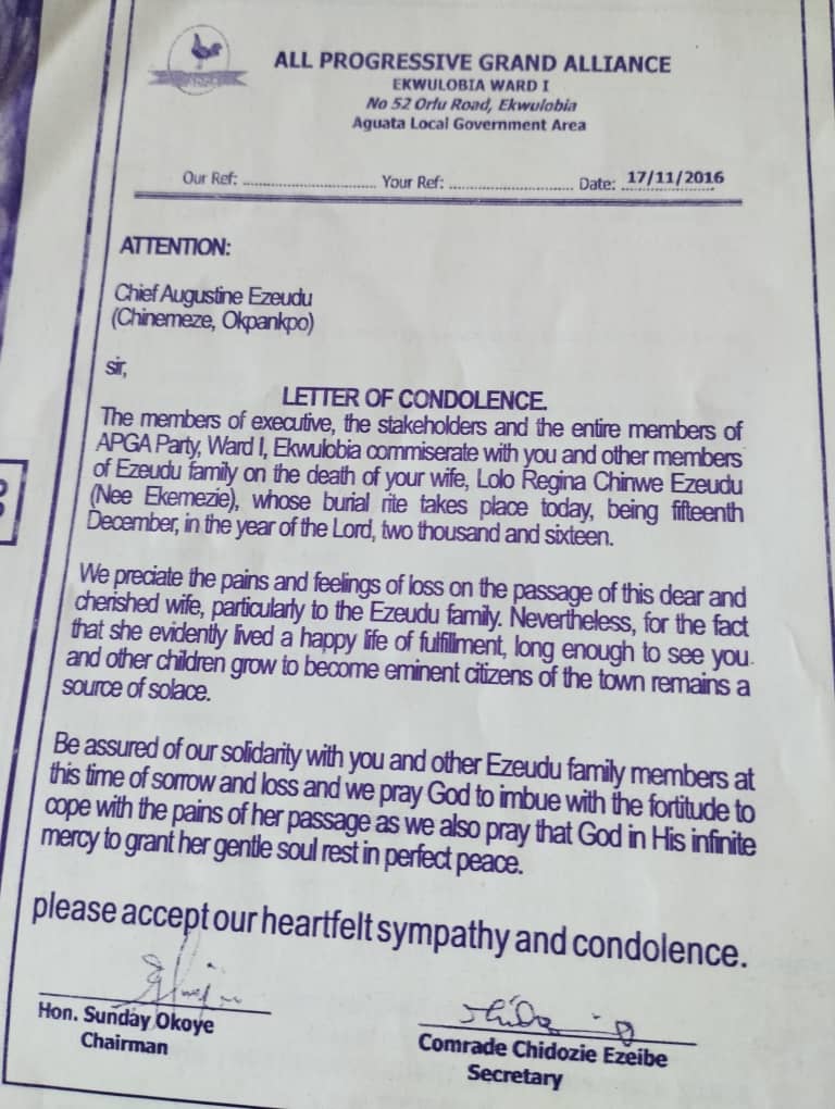 Civic Condolence from APGA Party Ward I Executive